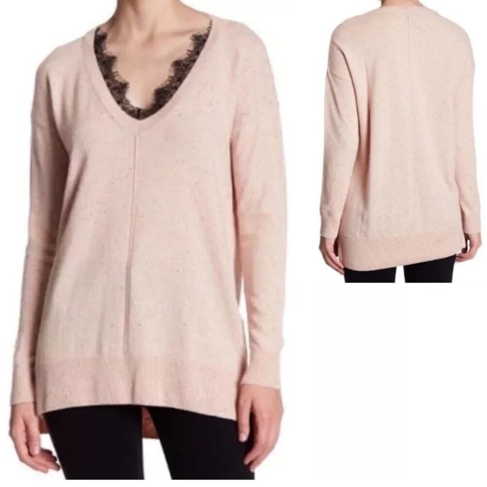 Topshop Light Pink V-Neck Lace Trim Wool Blend Knit Sweater Size 6